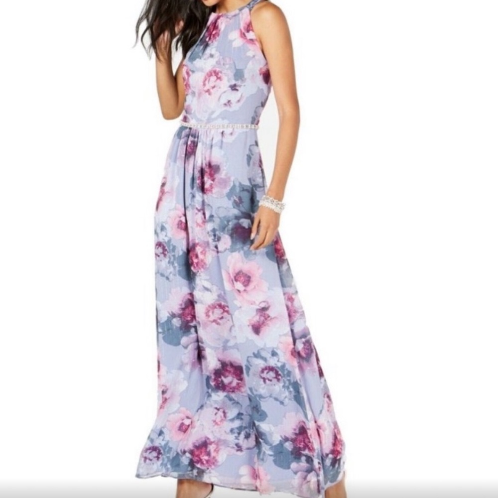 NWT SLNY Floral Metallic Beaded Waist Maxi Dress